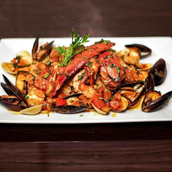 Steaming Esposito's seafood pasta with lobster, mussels, clams, and tomato sauce on a white plate.