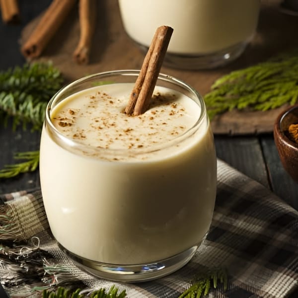 Creamy eggnog in a glass, garnished with a cinnamon stick and sprinkled with nutmeg.